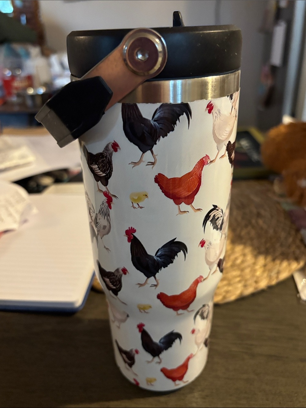 Source Unknown White Travel Tumbler with Multicolored Rooster Print